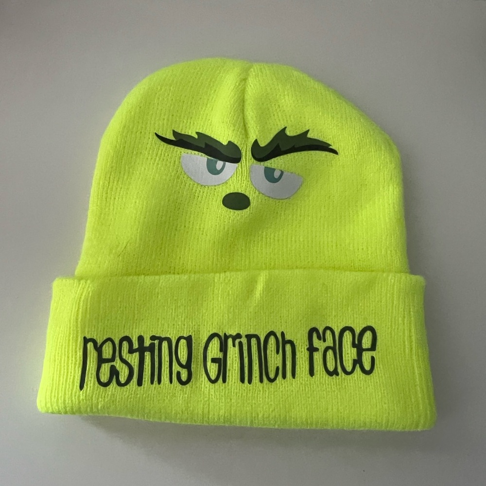 Kids Neon Green Beanie with Grinch Face